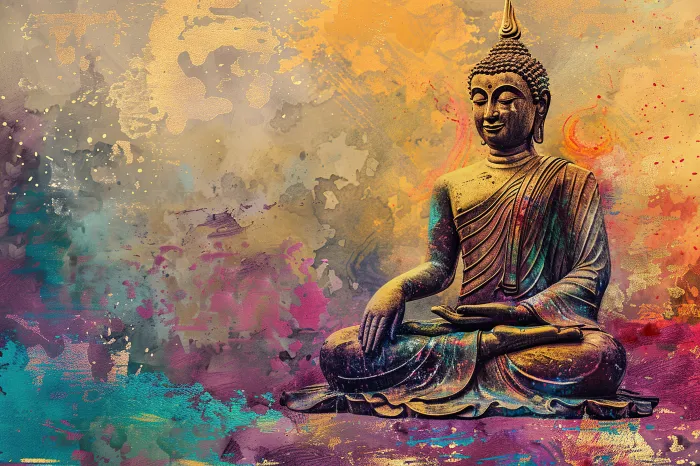An artistic depiction of Lord Buddha sitting in meditation surrounded by abstract gold, teal, and magenta splashes. | PrintPosters.in